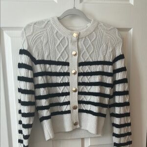 Navy and White Cable Knit Cardigan Sweater